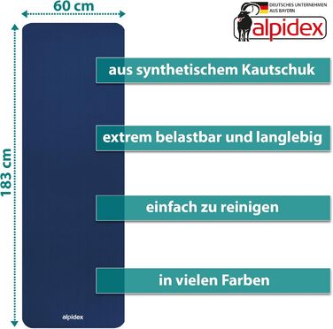 Килимок для йоги ALPIDEX 183x60x0.8 см - нетоксичний, з E-book, ремінком, антиковзкий, для фітнесу, гімнастики, пілатесу, спорту, фізіотерапії, HIIT, йоги, тренувань (Blue)