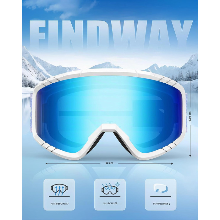 Лижні окуляри Findway для катання на сноуборді та лижах, OTG (сумісні з окулярами), захист від UV та запотівання, унісекс