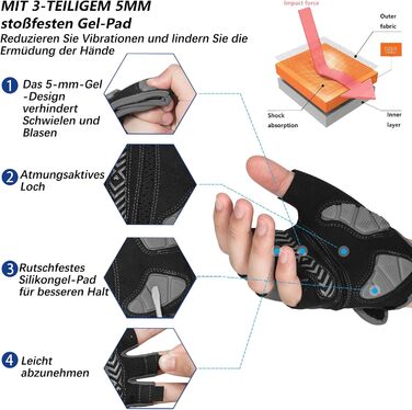 Велосипедні рукавички MOREOK для чоловіків та жінок, літні, спортивні, напівпальцеві, 5 мм BR Gel, протиковзкі, амортизуючі, для гірського велосипеда, шосе, даунхілу (Сірий, XXL)