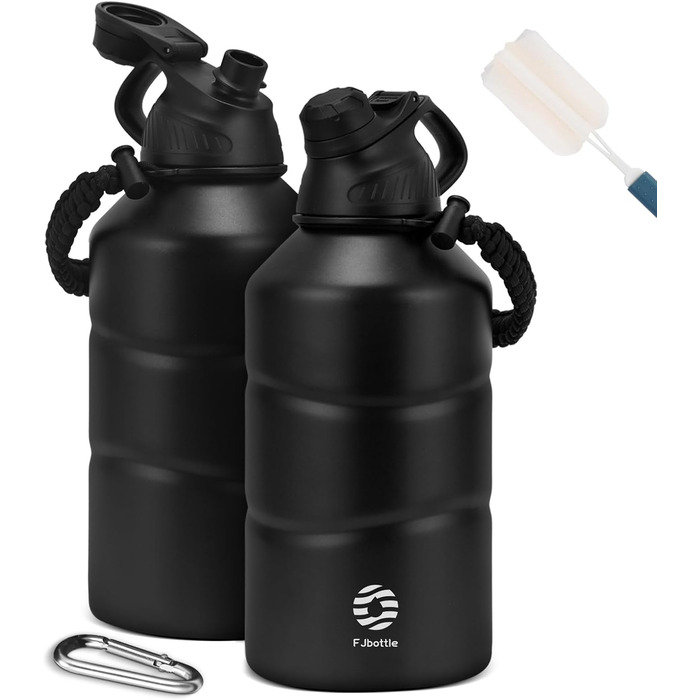 Термофляга FJbottle з нержавіючої сталі 1.9L з магнітною кришкою, без BPA, подвійні стінки, витримує нагрівання, для спорту, універу, кемпінгу, відпочинку на природі, чорна. 1900 мл