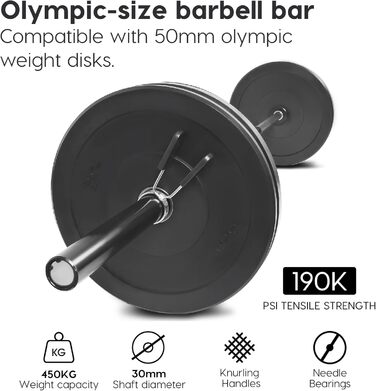 Олімпійський гриф wuuhoo 220 см, 28 мм, до 450 кг, гальванічне покриття, накатка, для пауерліфтингу та тренажерного залу