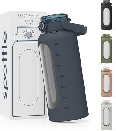 Скляна пляшка Spottle 2 літри з трубочкою: велика, BPA-free, з силіконовим чохлом, миюча, витримана, 2000 мл, Petrol