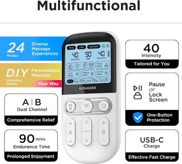 4-в-1 Пристрій для DIY електростимуляції EMS, масажер м'язів та нервів, терапевтичний пристрій TENS з двома каналами для зняття болю, схвалений FDA, з 12 електродними подушечками (білий)
