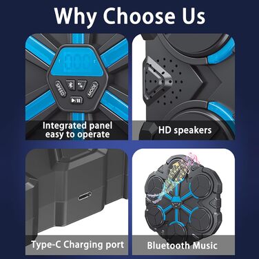 Музична боксерська машина Toyone: розумна, настінна, зі світлодіодами, 3 режими швидкості, підрахунок ударів, для дітей та дорослих, чорно-синя