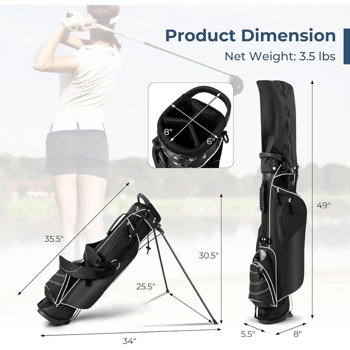 Сумка для гольфу GYMAX Stand Bag, 4-х секційна з 4 кишенями на блискавці, термосумка, дощовик та м'який плечовий ремінь. Легка та портативна сумка для гольфу для чоловіків/жінок, чорний колір