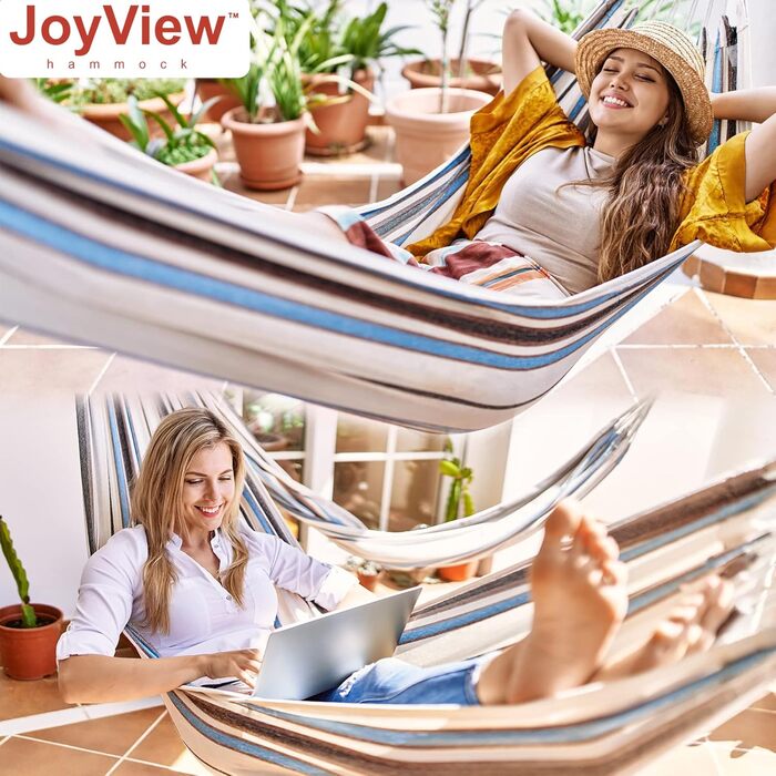 Гамак JoyView бразильський одинарний з мотузками та сумкою, 200x100 см, до 136 кг, смугастий сірий - для тераси, дому
