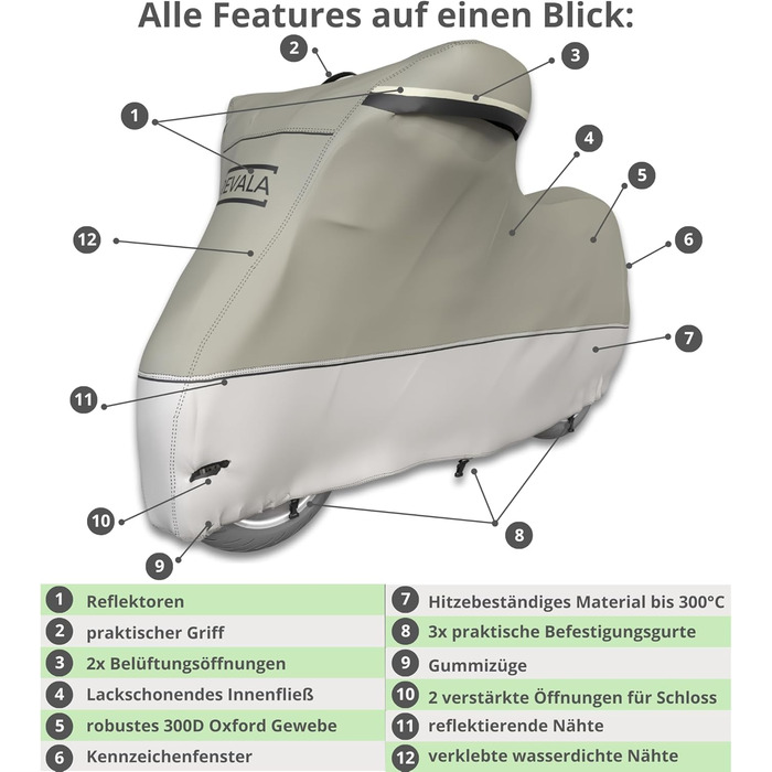 REVALA® Захисний чохол для мотоцикла Outdoor & Indoor | Водонепроникний гараж для мотоцикла | Міцний чохол для скутера | Стійкий до спеки + сумка | 225x100x125 см