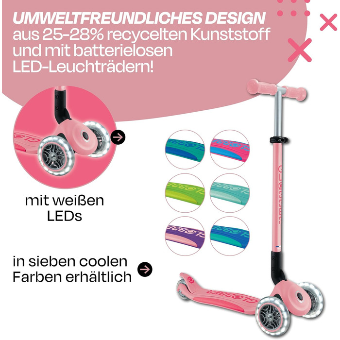 Дитячий триколісний самокат GLOBBER Primo Foldable Plus Lights з LED колесами, складаний, регульований, для дітей від 3 років