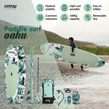 Надувна SUP-дошка FITFIU Fitness OAHU 320x81x15 см з веслом, насосом, 3 плавниками та аксесуарами, тропічний дизайн для сап-серфінгу
