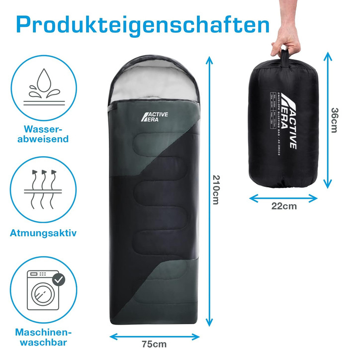 Сплячий мішок Active Era Premium Mumienschlafsack 250 GSM, зимовий та літній, 0°C - 15°C, для кемпінгу, фестивалів, подорожей, водонепроникний, ультралегкий, компактний, чорний
