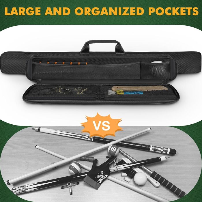 Чохол для більярдного кия (1/2) з ручкою та ремінцем, чорний. М'який футляр для кия з підсумком на блискавці, підходить для жінок та чоловіків.