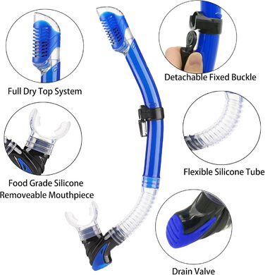 Набір для снорклінгу дорослий з маскою, трубкою Dry Top та ластами, блакитний, S/M (36-41)