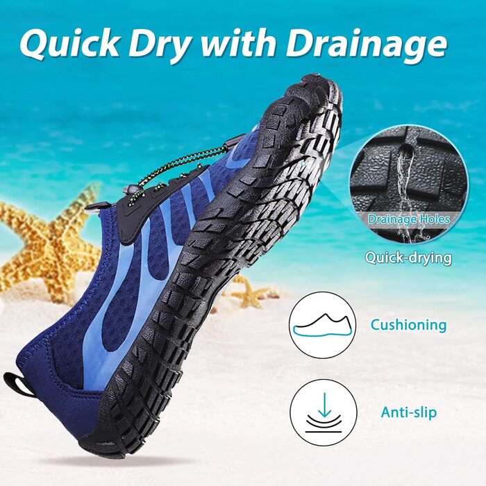 Шкарпетки для плавання та водних видів спорту: чоловічі та жіночі шкарпетки для пляжу, басейну та моря. Швидка сушка, дренажні отвори, унісекс, розміри 36-46 EU, колір блакитний