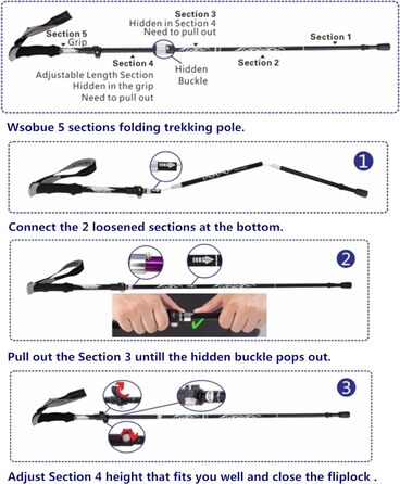 Тrekking-стіки, розкладні туристичні палиці, регульовані палиці для Nordic Walking, телескопічні палиці для чоловіків та жінок, для походів, для літніх людей, чорний колір, 1 шт.
