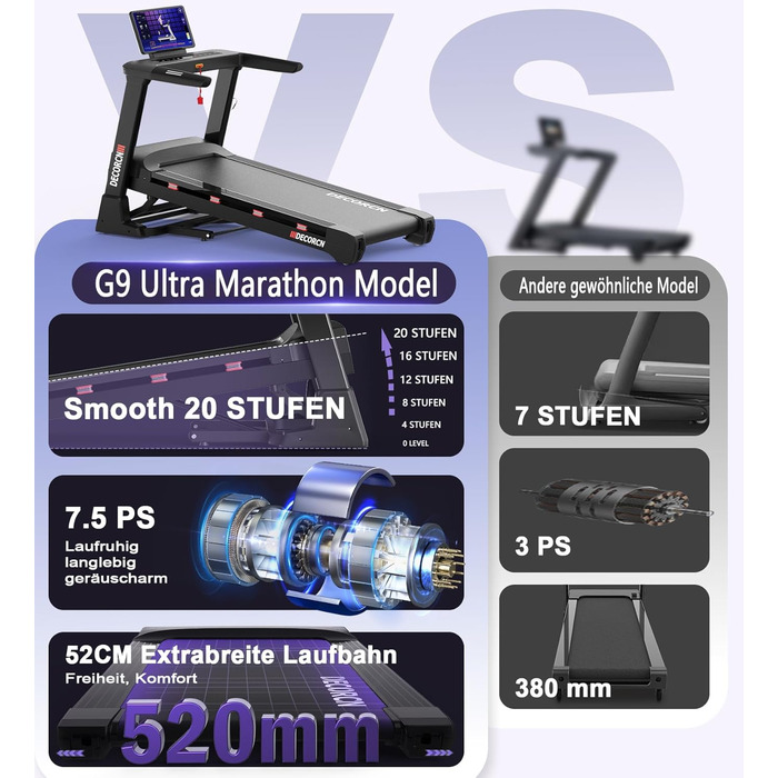 Біговий тренажер для дому Klappbar, з регулюванням нахилу, тихий мотор, велика площа для бігу, WiFi, Bluetooth, APP, німецька якість, сертифікований TÜV (G Series 10)
