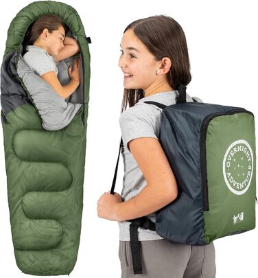 Дитячий спальний мішок Trail Mumienschlafsack для кемпінгу на 3 сезони – 300gsm, для хлопчиків та дівчаток, з легким рюкзаком – хакі