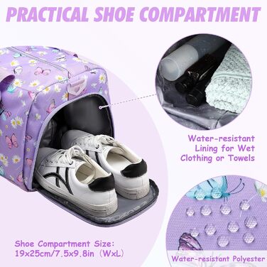 Спортивна сумка для дітей, дорожня сумка, мішок-сумка, спортивна сумка для плавання, для хлопчиків та дівчаток, водовідштовхувальна, з відділенням для взуття (фіолетовий метелик)