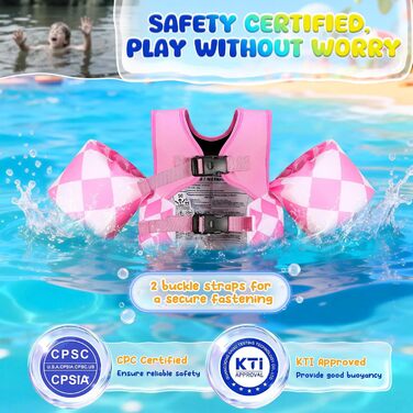 Моко (MoKo) рукавики для плавання для дітей, рукавики для хлопчиків та дівчаток, навчальна жилетка з фіксатором, плавальна куртка, плечові ремінці, рукавики для плавання (рожевий ромб, для ваги 9-23 кг)