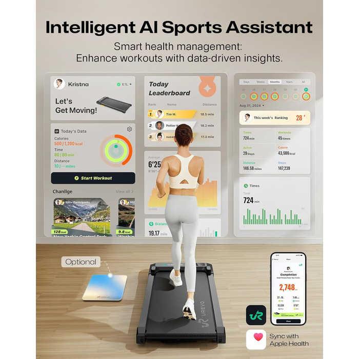 UREVO Smart Walking Pad - компактне тихе бігове полотно з амортизацією, фітнес-додаток, для дому/офісу, 2.5 PS, чорний [107T x 49B]