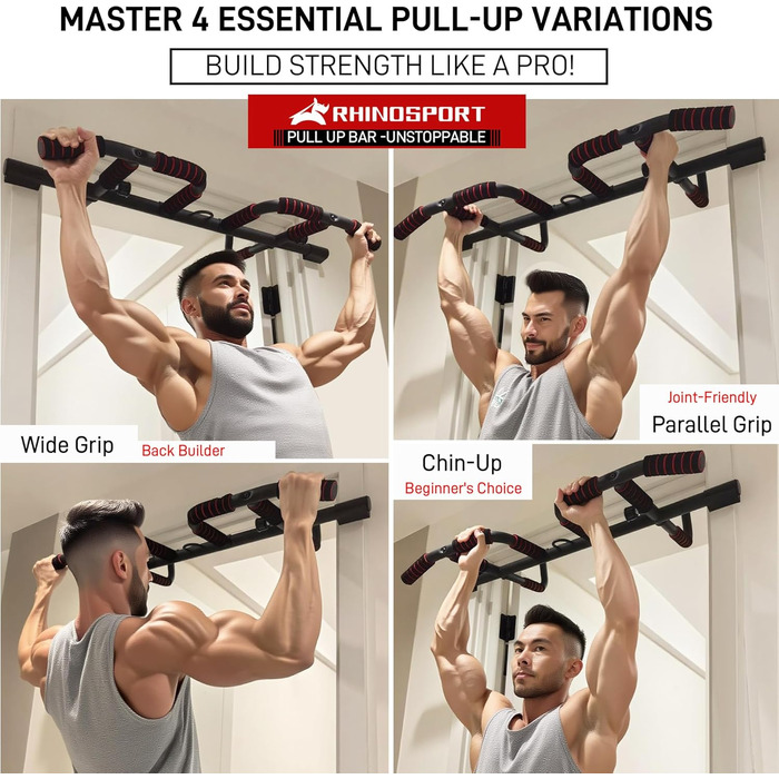 RHINOSPORT Турнік для дверного прорізу – турнік для підтягувань на двері з багатохватним грифом – без свердління, нековзке покриття до 200 кг (440 фунтів) – для дверей 65-92 см