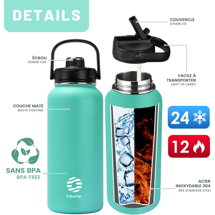 Термос Fjbottle з нержавіючої сталі з трубочкою 950 мл, BPA-free, герметична спортивна пляшка для води для велосипеда, школи, фітнесу, газованої води, зелена