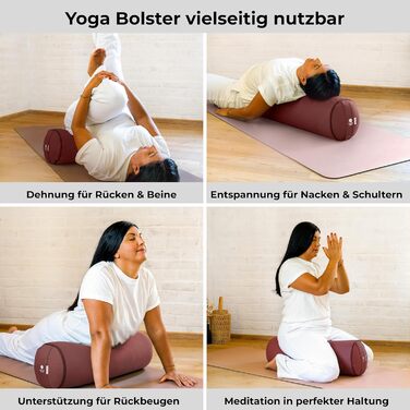 Йога-болстер Inner Peace: довге подування для йоги з органічної дінкової вати, 23 см, Made in Germany, знімний бавовняний чохол (лісова полуниця)