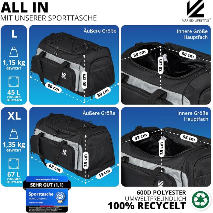 Спортивна сумка VL® з відділенням для взуття, мокрою одежі, ізольованим кульковим відділенням, сауною та туристичною сумкою для жінок та чоловіків. 50 л, чорно-сірий/чорно-срібний