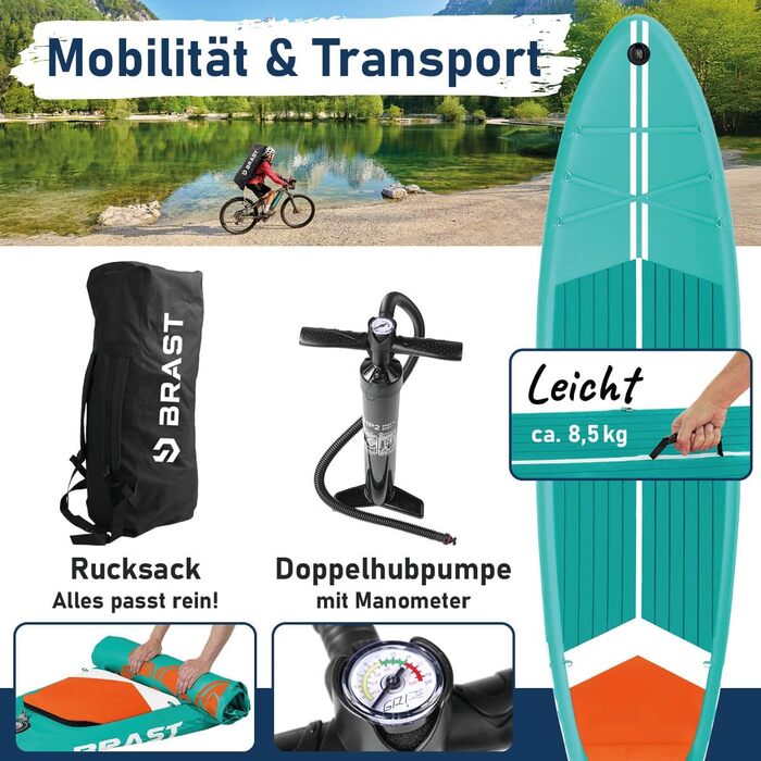 SUP дошка BRAST Turtle надувна з веслом, 320x81x15 см, бірюзова - комплект для Stand Up Paddleboarding (SUP) з 5-річною гарантією