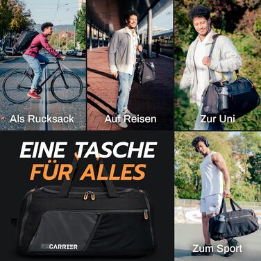 Спортивна сумка [з переробленого PET] 50L – сумка для тренувань та рюкзак 2в1 – водонепроникна спортивна сумка для чоловіків та жінок – спортивний рюкзак з відділенням для взуття, велика туристична сумка (Obsidian Ember Black)