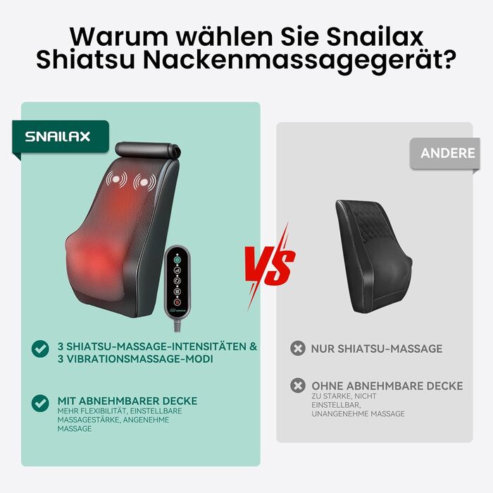 Масажер Snailax для шиї та спини з підігрівом, шиацу 3D масажна подушка для шиї, спини, плечей і ніг, чорний