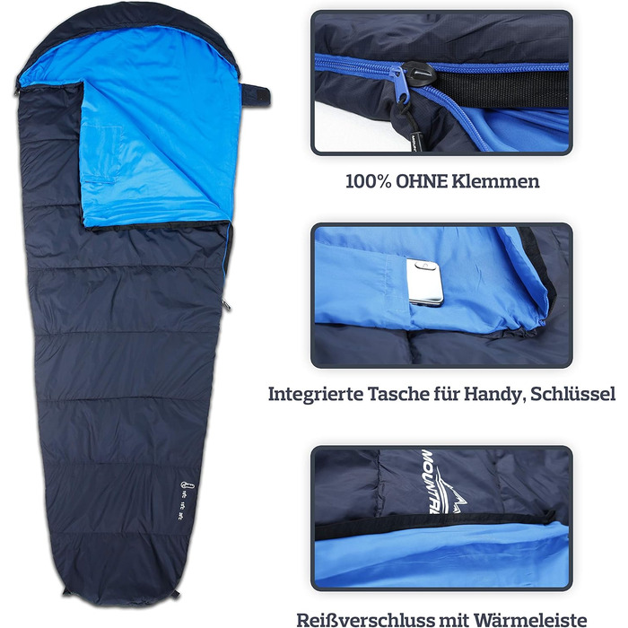 Сплячий мішок MOUNTREX® - ультралегкий, компактний (760г/1500г) - для кемпінгу, подорожей, фестивалів. 3-4 сезони, Mumienschlafsack, 1500г (RV Links). Темно-синій/синій.