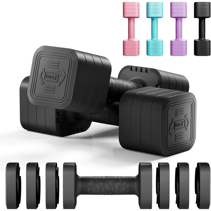 Набір гантелей Dripex регульовані 5 кг x2 або 2,5 кг x2, 6 швидкознімних дисків 0,5 кг/0,25 кг, чорний