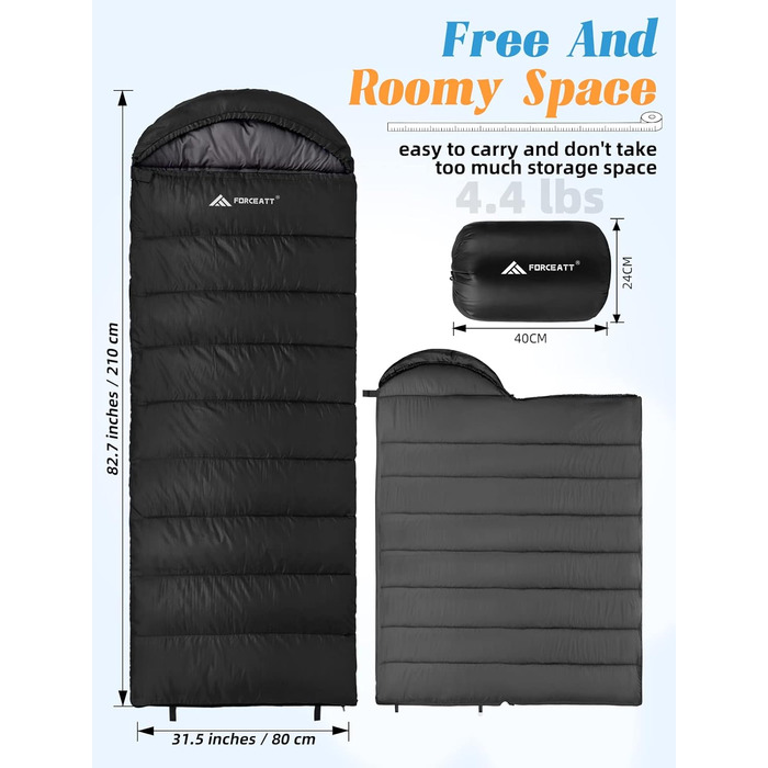 Сплячий мішок Forceatt Winter 4 Seasons -7~20°C для дорослих, чорний, 210x80 см, водовідштовхуючий, 1.8 кг