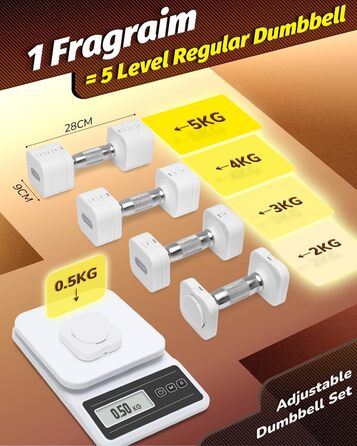 Набір гантелей Fragraim 5 кг x 2 (регульовані) для фітнесу вдома, силові тренування, обладнання для жінок та чоловіків (білі)