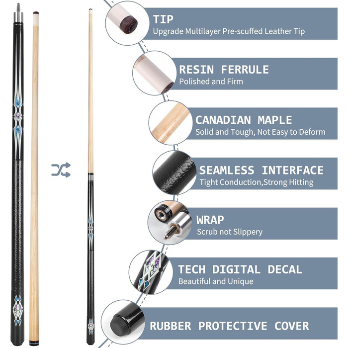 Набір більярдних київ Kmise Pool-Queue-Stick Set – 147 см, канадський клен, професійні, для дорослих, різні кольори