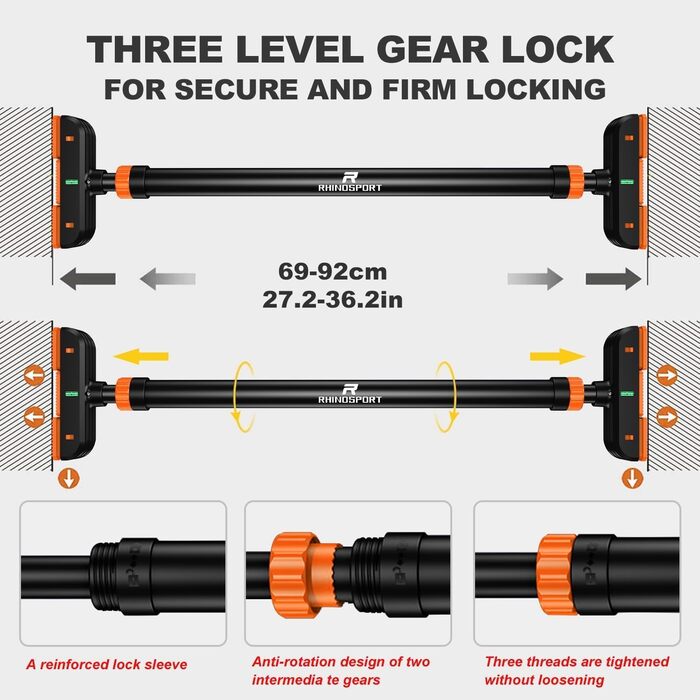 Кімнатна турнік для дверей без свердління, з поворотним замком, регульований 69-92 см, вантажопідйомність 200 кг, Apricot