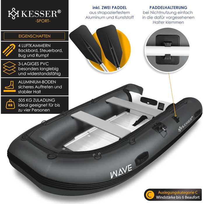 Надувний човен KESSER® Wave 320 см Комплект 6 в 1: човен, лавка, насос, весла, ремкомплект, сумка. Можливість встановлення мотора, для солоної води, антрацит