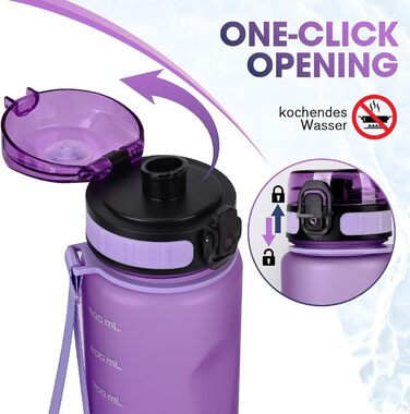 Спортивна пляшка для води 1л, витокостійка, без BPA, з мірною шкалою, смарагдово-зелена (лавандова)