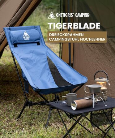 OneTigris TIGERBLADE - Крісло для кемпінгу з високою спинкою, 170 кг, складне, легке, з трикутним каркасом, для риболовлі, з 2 кишенями, для відпочинку на природі, для піших прогулянок (Блакитне)