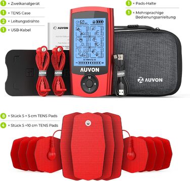 AUVON TENS пристрій для зняття болю: реінотерапія з 24 програмами, 2 канали, 12 електродів, EVA-сумка