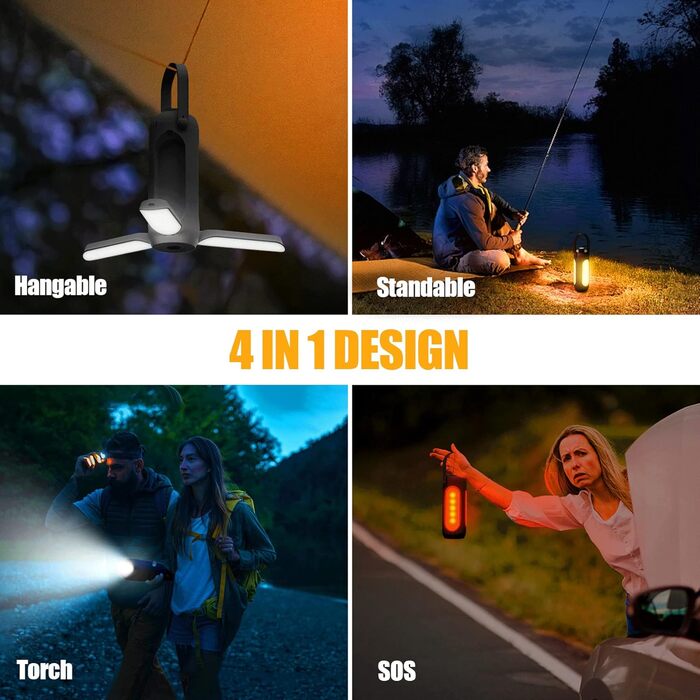 LED кемпінговий ліхтар на акумуляторі 10000 mAh, бездротовий, з 3 режимами освітлення, для наметів та відпочинку на природі, чорний