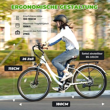 Електровелосипед 26'' з знімним акумулятором 36В 13А·год до 90 км, 250Вт, 7-швидкостей, LCD-дисплей, для міста, для чоловіків і жінок, білий U2