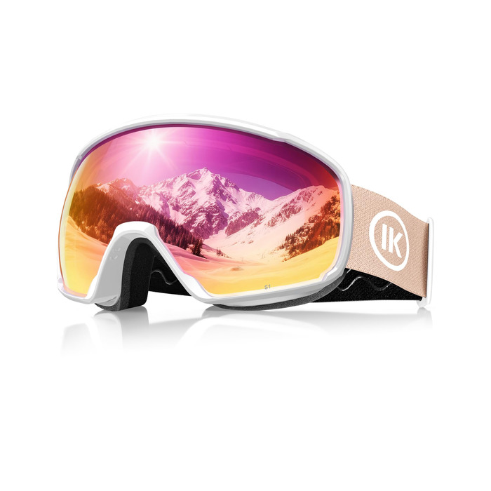 Гірськолижна маска Innerking OTG з подвійним склом, протизапотіванням та UV400 захистом, для окулярів, для чоловіків, жінок та підлітків (Білий/Рожевий, VLT 46%)