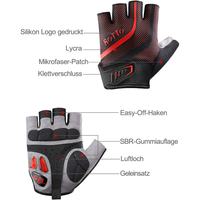 Велосипедні рукавички ROTTO MTB для чоловіків та жінок з гелевою та SBR-подушкою, B-Чорний-Червоний, XL