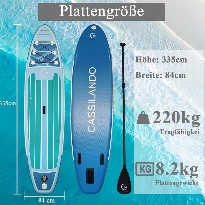 Надувний SUP дошка CASSILANDO Stand Up Paddle Board 335см з аксесуарами та сумкою для перенесення. Підходить для йоги, риболовлі, серфінгу, для дорослих та підлітків.