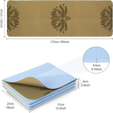 Йога мат Enssy для подорожей, складаний, компактний, 173 x 61 см, 0,4 см, з сумкою, легкий дизайн Pilates (кора-лотос)