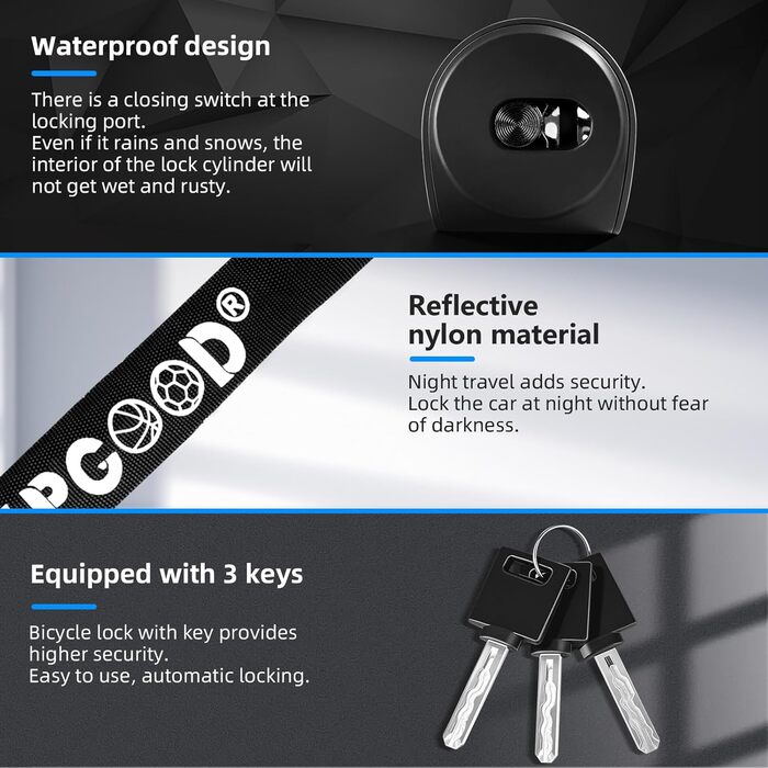 Замок для велосипеда з 3 ключами, ланцюговий замок проти крадіжок 90см, висока безпека, водовідштовхувальний чохол для велосипеда/електросамоката/електровелосипеда/MTB/мотоцикла/вантажного велосипеда, 870мм, чорний
