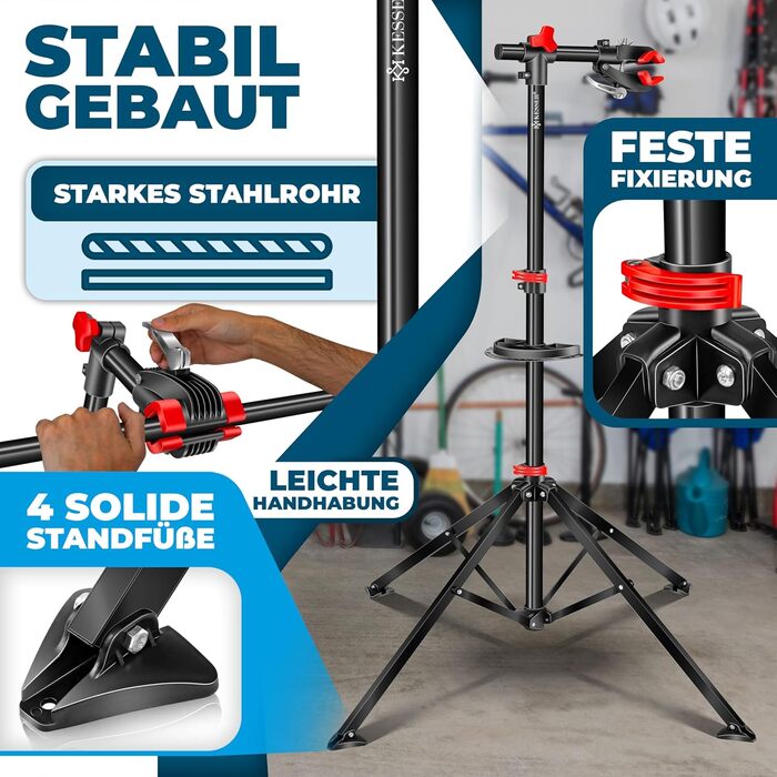 Підставка для збирання та ремонту велосипедів KESSER® Profi, до 30 кг, з органайзером для інструментів та магнітним відділенням, обертається, червона