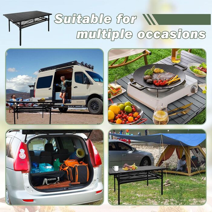 Розкладний туристичний стіл Poeopore для кемпінгу, 140x70x70 см, чорний, на 4-6 осіб