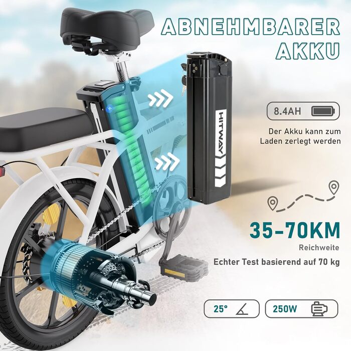 Електровелосипед HITWAY складаний 16 дюймів, 250W, 36V 8,4Ah, до 70 км, для міста, для чоловіків та жінок, білий